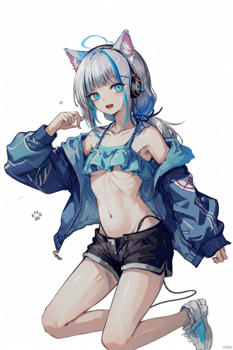 nai3, 1girl, animal ears, cat ears, gawr gura, virtual youtuber, tail, solo, streaked hair, blue eyes, navel, multicolored hair, bikini, wink, looking at viewer, shorts, bangs, cherry blossom tree, side ponytail, blue bikini, fish tail, shark tail, grey hair, hair ornament, blue hair, blunt bangs, bare arms, midriff, stomach, open mouth, cat tail, long hair, bare legs, sneakers, collarbone, headphones, green background