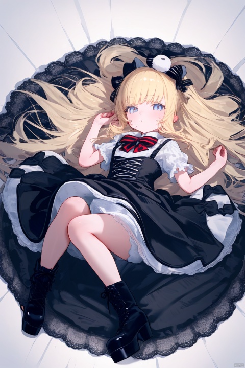 1 girl, lolita fashion, from above view, black and white striped dress, full skirt, white lace petticoat, black satin ribbons, black platform boots, blonde curls cascading down, red bow, porcelain skin, white backdrop."