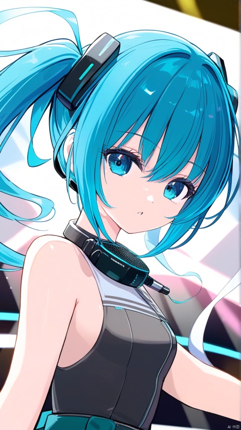 Close-up, full figure,anime style, (digital painting:1.2), portrait mode,no text,Hatsune Miku, 1girl, solo,blue eyes, (long turquoise hair), twin tails, dynamic movement,sleeveless dress, futuristic microphone, gloves, pleated skirt, belt with logo,action pose, expressive, looking straight,concert stage, spotlight, crowd in the background, neon lights, smoke effects,