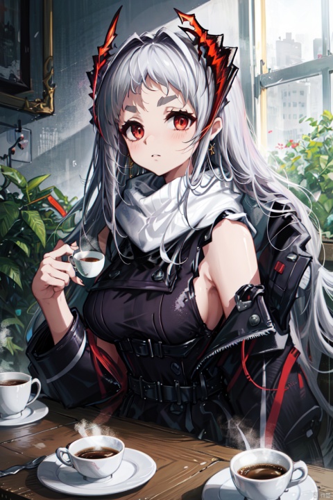 amiya(arknights), 1girl,8k wallpaper,extremely detailed figure, amazing beauty, detailed characters, {detailed background},aestheticism, sitting, winter, coffee shop, corner, coat, scarf, large breasts, gray hair, red eyes, emotionless, obedient, obedient, thick eyebrows, small nose, full lips, long eyelashes, delicate neck, slender shoulders, bare arms, delicate hands, long fingers, pointed nails, high cheekbones, oval face, smooth skin, rosy cheeks, cup of coffee, saucer, steam, warm, cozy, comfortable, relaxed, calm, quiet, peaceful, serene, contemplative, close-up, best quality, amazing quality, very aesthetic, absurdres