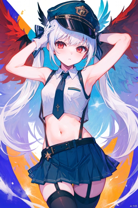 1girl, solo, long hair, breasts, looking at viewer, skirt, shirt, red eyes, thighhighs, gloves, hat, navel, bare shoulders, twintails, very long hair, standing, white shirt, white hair, thighs, cowboy shot, pleated skirt, small breasts, wings, necktie, sleeveless, midriff, collared shirt, belt, white gloves, miniskirt, black skirt, armpits, stomach, arm up, white thighhighs, zettai ryouiki, crop top, bare arms, sleeveless shirt, black headwear, garter straps, suspenders, wing collar, revealing clothes, peaked cap, feathered wings, black necktie, short necktie