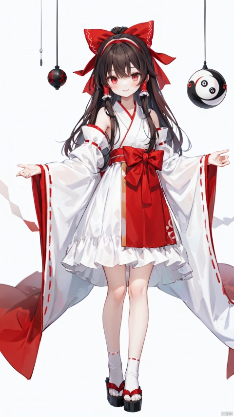 1girl, hakurei reimu, red_hair, red_eyes, shrine_maiden, miko, hair_ribbon, red_ribbon, white_dress, red_dress, bow, gohei, ofuda, yin_yang_orb, solo, smile, looking_at_viewer, simple_background, white_background, long_hair, hair_over_shoulder, detached_sleeves, red_sleeves, white_sleeves, frills, ribbon, hairband, red_hairband, white_hairband, full_body, standing, pose, cute, colors, highres
