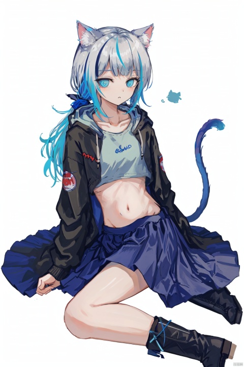 nai3, 1girl, animal ears, cat ears, gawr gura, virtual youtuber, tail, solo, streaked hair, blue eyes, navel, multicolored hair, hoodie, pout, looking away, skirt, bangs, cherry blossom tree, side ponytail, blue hoodie, fish tail, shark tail, grey hair, hair ornament, blue hair, blunt bangs, bare arms, midriff, stomach, closed mouth, cat tail, long hair, bare legs, boots, collarbone, leaves, orange background