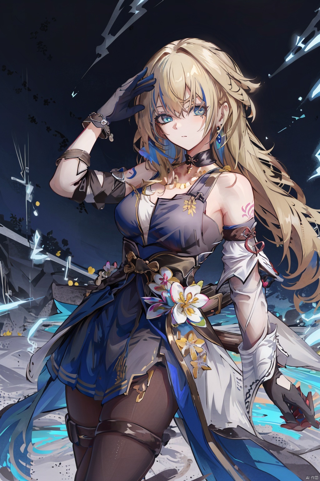  fine fabric emphasis, 1girl, looking at viewer, gloves, blue eyes, dress, breasts, chinese clothes, xiluwa, blonde hair, blue hair, multicolored hair, long hair, skirt, earrings, pantyhose, jewelry, asymmetrical sleeves, bare shoulders, black choker, bangs, Lightning tattoo, thigh_strap,