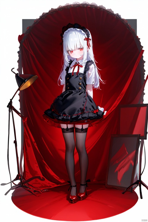 1 girl, maid outfit, black French maid dress, red lace trim, red satin ribbons, black apron with white lace, black thigh-high stockings, red lace tops, red platform Mary Jane shoes, long straight white hair, bright red eyes, hands behind back,（white backdrop）.close