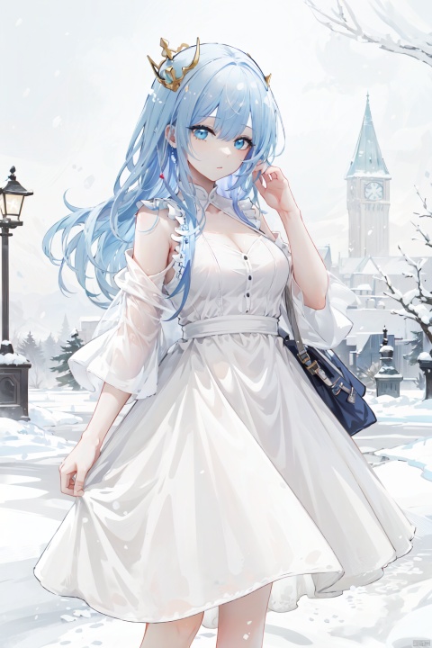 The image features a woman standing in the snow, wearing a white dress and a blue hat. She appears to be dressed as a snow queen, with a crown on her head. The woman is the main focus of the image, and she seems to be the center of attention. The snowy setting and her elegant attire create a captivating scene.