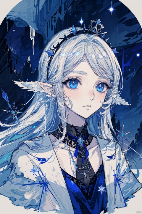 (((masterpiece, best quality))), 1 girl, close-up, portrait, highly detailed, elf ears, blue eyes, long silver hair, ice crown, snowflake patterns, frost, glitter, sparkles, cool colors, winter background, snowflakes, frost, ice, crystals, trees, mountains, northern lights, starry sky, looking at viewer, confident expression, closed mouth, sharp features, high cheekbones, arched eyebrows, long eyelashes, cool gaze, elegant, regal, frosty, icy, magical, mystical,///////////, 123654