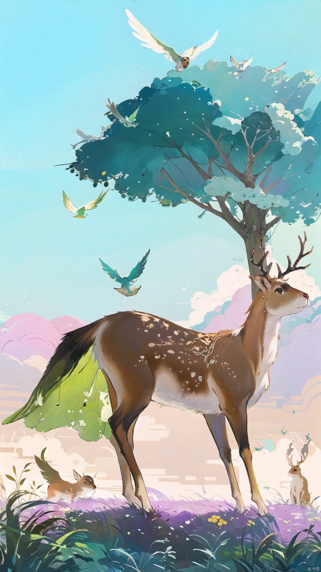 miku,forest,elf,ears,wings,horn,dress,flowers,grass,trees,animals,deer,rabbit,bird,sun,sky,green,white,yellow,beautiful,magical,mysterious,foreground,middle ground,background,angle,three-quarter view,light,soft,warm,color,pastel,atmosphere,enchanting,anime