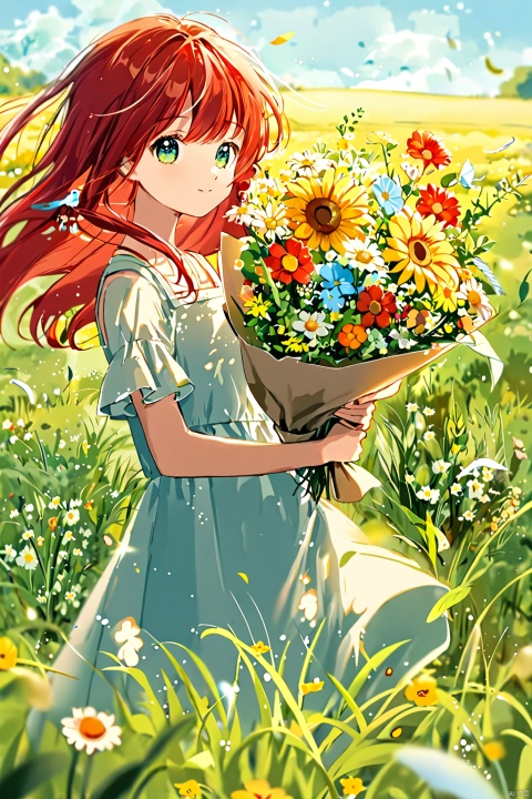  a girl with bright red hair,wearing a sundress and holding a bouquet of wildflowers,standing in a field of tall grass with a soft breeze blowing through,close up. BREAK the scene should capture the whimsical and carefree style of Sakimichan,with a sense of peace and tranquility in the air.,CGArt Illustrator,CJ painting,