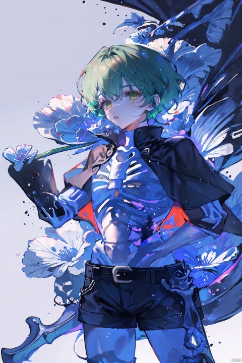 1girl, solo, looking at viewer, short hair, bangs, long sleeves, white background, green eyes, flower, grey hair, multicolored hair, cowboy shot, parted lips, shorts, belt, fingernails, gradient, hands up, gradient background, short shorts, capelet, black shorts, white flower, high collar, black capelet, ribs, skeleton, lily \(flower\), bone, spine
