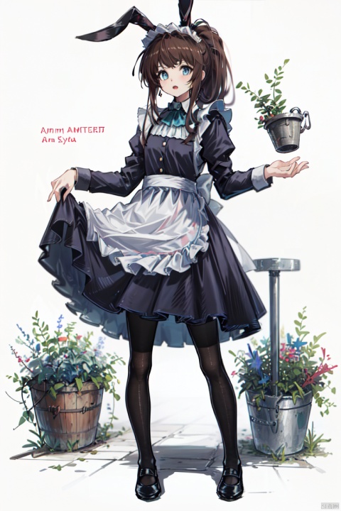 1girl, solo, long hair, looking at viewer, open mouth, bangs, blue eyes, simple background, brown hair, long sleeves, white background, dress, bow, holding, animal ears, standing, full body, ponytail, pantyhose, sidelocks, frills, shoes, alternate costume, puffy sleeves, bowtie, black footwear, rabbit ears, apron, black dress, black pantyhose, maid, blue bow, white apron, maid apron, enmaided, bucket, blue ascot, holding bucket, amiya \(arknights\)