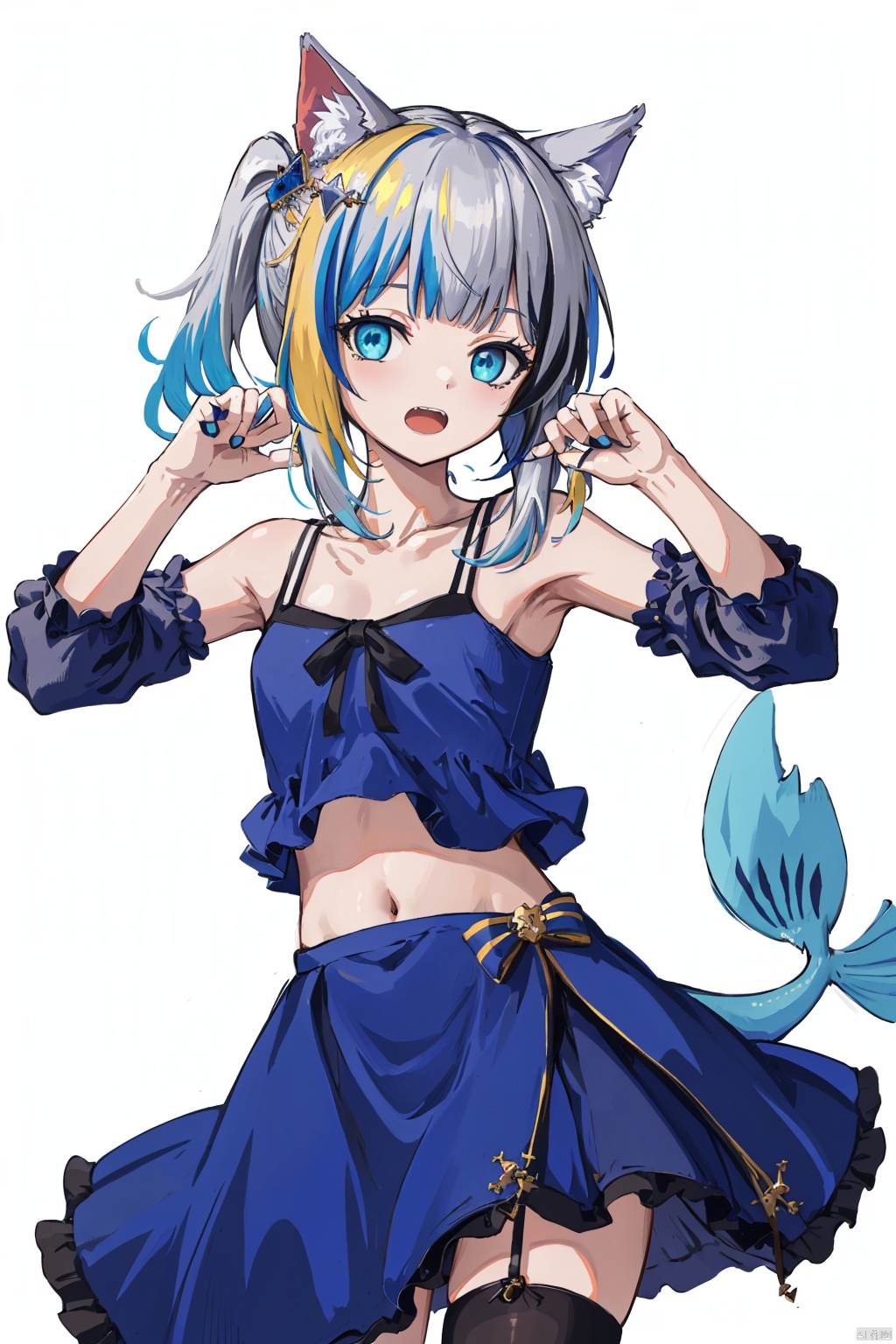 nai3, 1girl, animal ears, cat ears, gawr gura, virtual youtuber, tail, solo, streaked hair, blue eyes, navel, multicolored hair, dress, wink, looking at viewer, thighhighs, bangs, white background, side ponytail, simple background, blue dress, fish tail, shark tail, grey hair, hair ornament, blue hair, blunt bangs, bare arms, midriff, zettai ryouiki, stomach, open mouth, cat tail, long hair, bare shoulders, ribbon, collarbone, frills