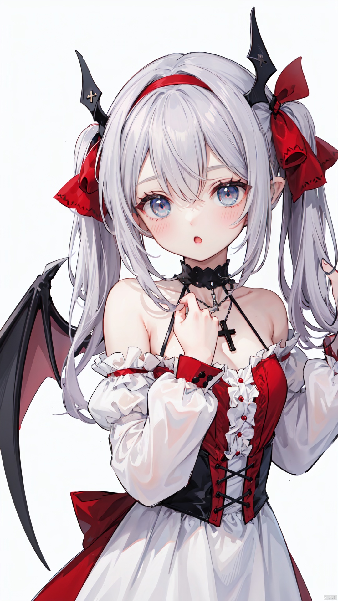 1girl, remilia scarlet, red eyes, vampire, fangs, wings, bat wings, black wings, dress, red dress, white dress, frills, bow, ribbon, hair ribbon, red ribbon, hairband, red hairband, detached sleeves, red sleeves, white sleeves, solo, smirk, looking at viewer, simple background, white background, long hair, twintails, hair ornament, cross, cross shape, cross pendant, pendant, necklace, jewelry, upper body, pose, elegant, colors, highres