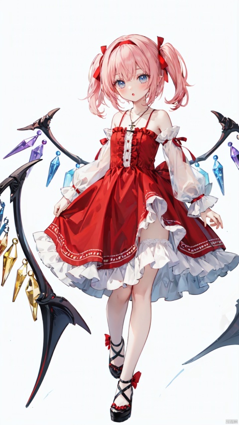 1girl, flandre scarlet, red eyes, vampire, fangs, wings, crystal wings, rainbow wings, dress, red dress, white dress, frills, bow, ribbon, hair ribbon, red ribbon, hairband, red hairband, detached sleeves, red sleeves, white sleeves, solo, smirk, looking at viewer, simple background, white background, long hair, twintails, hair ornament, cross, cross shape, cross pendant, pendant, necklace, jewelry, full body, pose, elegant, colors, highres