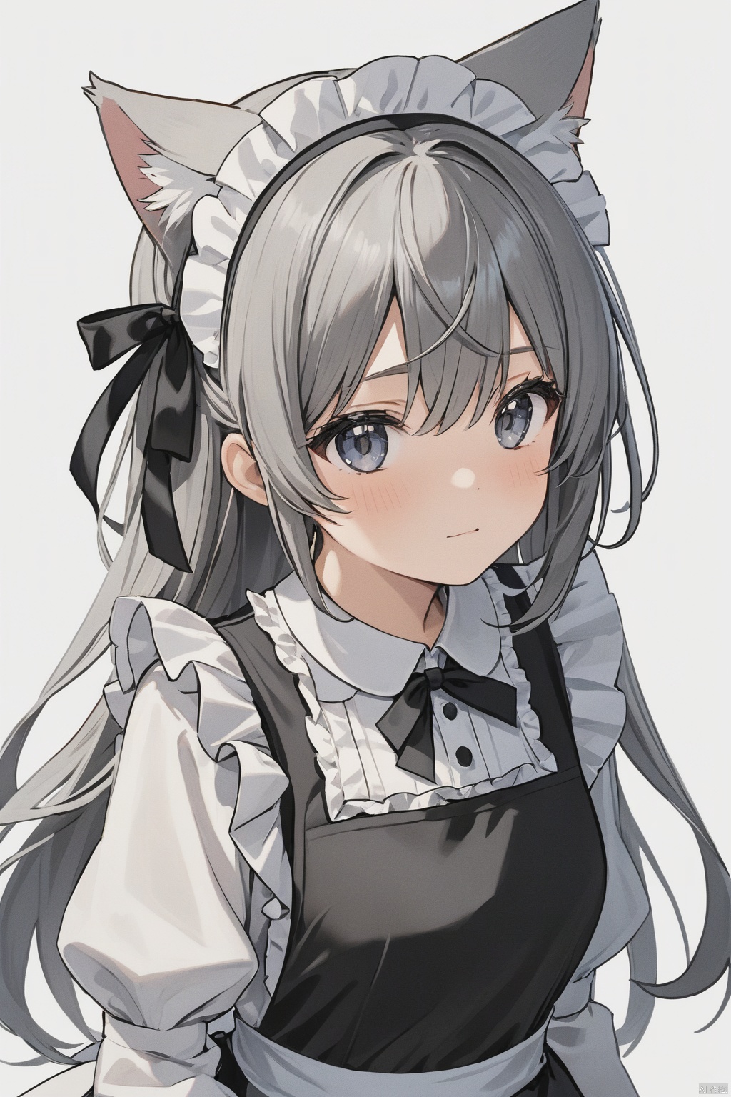  1girl, animal ears, solo, blush, maid, maid headdress, white background, cat ears, apron, looking at viewer, long hair, simple background, grey hair, grey eyes, sweatdrop, upper body, maid apron, closed mouth, animal ear fluff, bangs, parted bangs, dress, long sleeves, puffy sleeves, white apron, ribbon, black dress, frills, hair ribbon,
