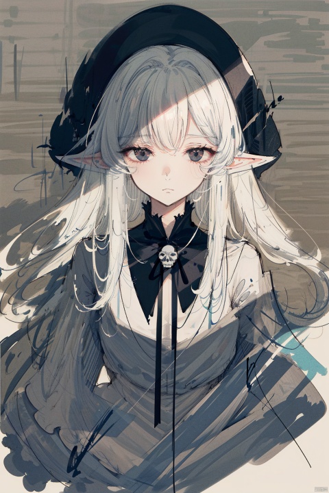 cropped background, cropped torso (sketch:1.3), 1girl, solo, elf, black eyes, (white hair), black gradient hair, (long hair), floating hair, robe, capelet, long sleeves, skull, (upper body), (fatigue), empty eyes, light frow, shaded face,