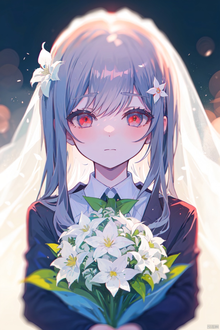 1girl, solo, long hair, looking at viewer, bangs, shirt, hair ornament, red eyes, long sleeves, ribbon, holding, closed mouth, white shirt, upper body, flower, grey hair, hair flower, white flower, red flower, veil, bouquet, holding flower, chromatic aberration, bridal veil, holding bouquet