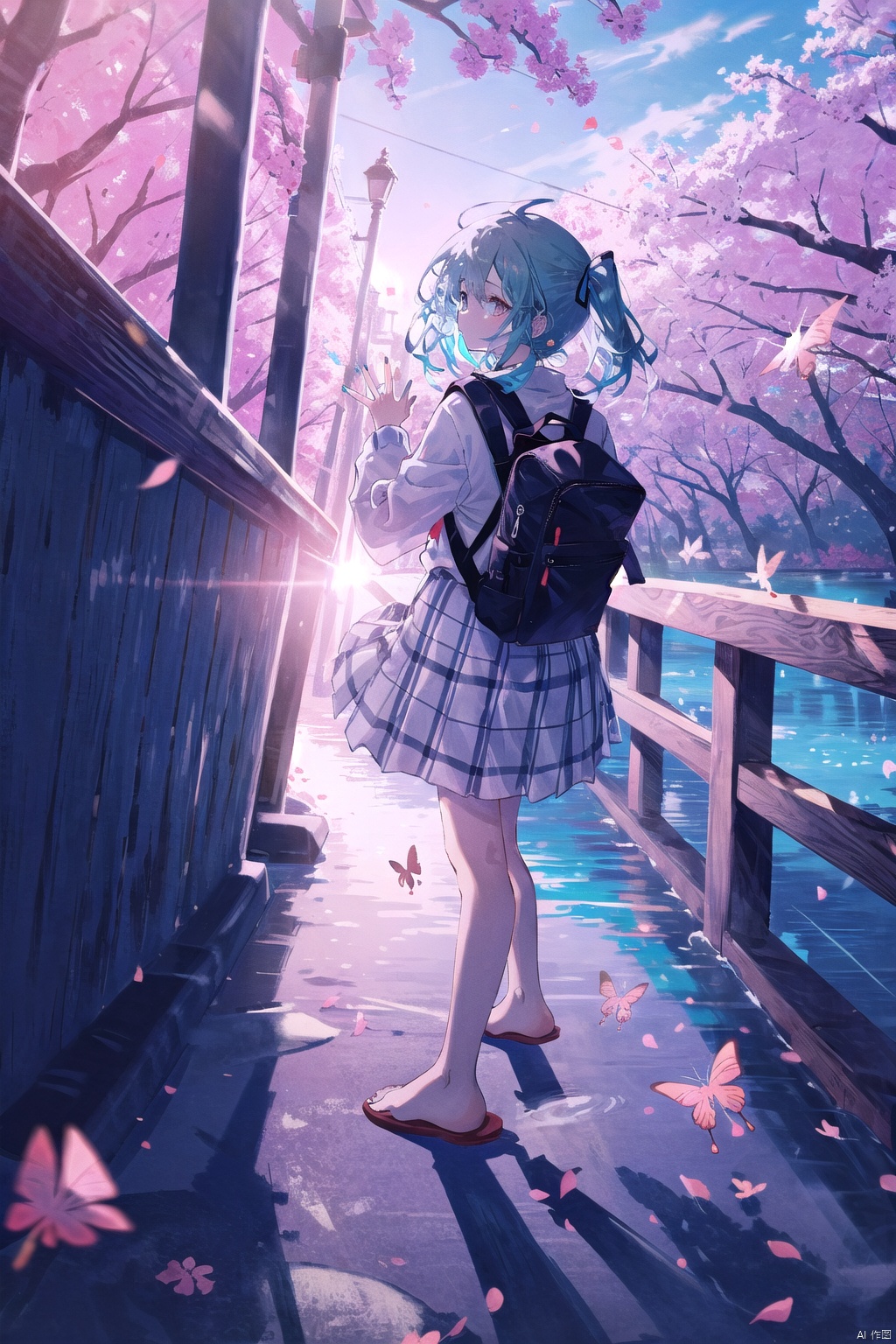 (masterpiece),(best quality),illustration,ultra_detailed,hdr,Depth_of_field,(colorful),loli,Blue butterflies, Pink cherry blossoms, Stone bridge, River, Japanese style garden, 1girl, barefoot, blue_nails, toenails, school_uniform, solo, blue_eyes, happy, long_hair, brown_hair, backpack, running_on_the_bridge, waving_at_the_camera