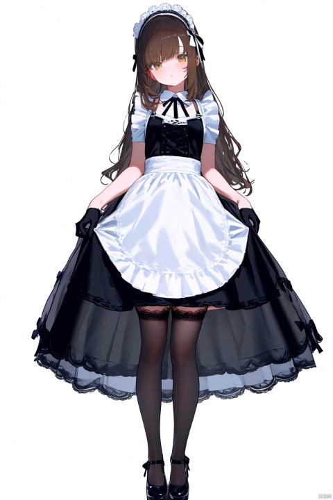 "1 girl, maid outfit, black and white French maid dress with lace trim, satin ribbons, white apron with a bow, black thigh-high stockings with lace tops, white lace gloves, black platform Mary Jane shoes, long wavy chestnut hair with a white headband, soft brown eyes, hands clasped demurely in front, standing elegantly, white backdrop."