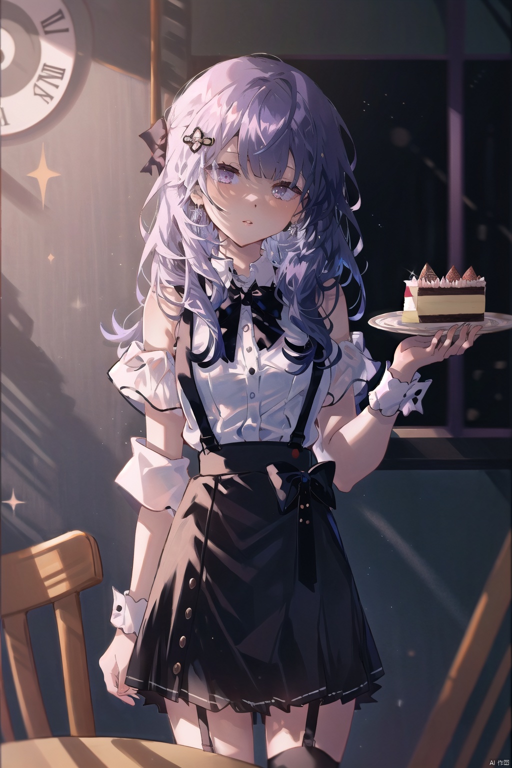 1girl, solo, long hair, breasts, looking at viewer, bangs, skirt, shirt, hair ornament, bow, holding, bare shoulders, jewelry, very long hair, standing, purple eyes, white shirt, purple hair, frills, parted lips, food, day, collared shirt, indoors, blunt bangs, bowtie, black skirt, blurry, head tilt, wrist cuffs, window, sparkle, black bow, depth of field, blurry background, table, suspenders, brooch, plate, cake, high-waist skirt, black bowtie, camera, suspender skirt, center frills, frilled shirt, shoulder cutout, holding plate, cake slice
