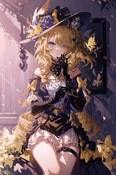 1girl, solo, long hair, looking at viewer, bangs, blue eyes, blonde hair, gloves, long sleeves, hat, dress, bow, holding, bare shoulders, jewelry, very long hair, flower, frills, parted lips, detached sleeves, black gloves, elbow gloves, hair over one eye, black dress, black headwear, rose, drill hair, bug, butterfly, single glove, yellow flower, hat flower, hat feather, picture frame, yellow butterfly, 1girl,blonde hair
