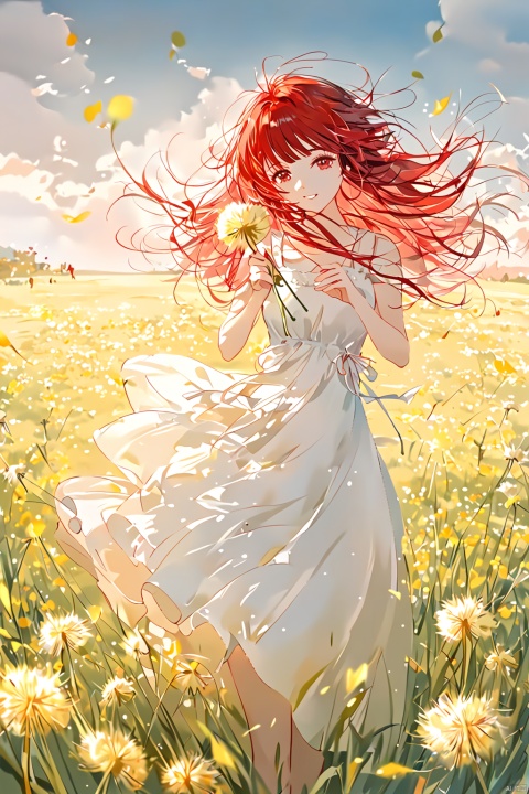 A girl with fiery red hair, wearing a cute sundress and holding a handful of dandelions, standing in a sunny field with a gentle breeze rustling the grass and flowers around her. The scene should capture the playful and carefree spirit of Sakimichan, with warm colors and a soft, dreamy quality that evokes a sense of nostalgia and wonder. Traditional painting, watercolor style, (shen ming shao nv)