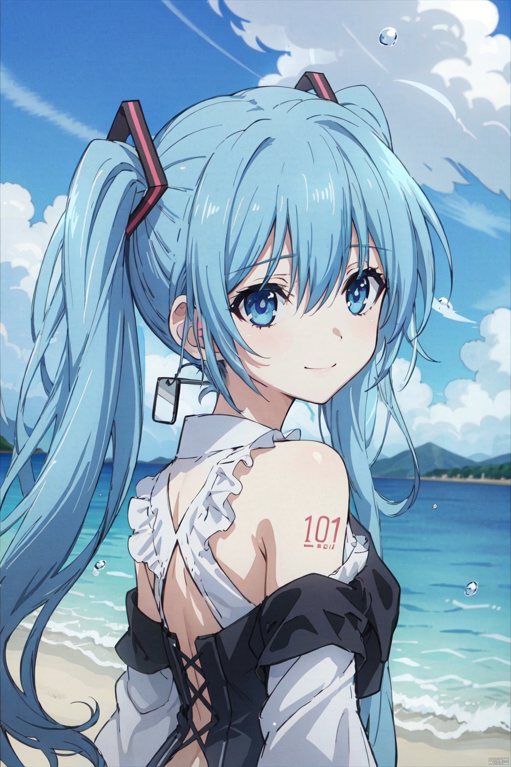 1girl, solo, long hair, looking at viewer, smile, bangs, blue eyes, shirt, hair ornament, hair between eyes, bare shoulders, twintails, closed mouth, blue hair, upper body, detached sleeves, sleeveless, looking back, aqua eyes, sleeveless shirt, aqua hair, headphones, grey shirt, headset, bubble, underwater, black sleeves, air bubble, hatsune miku