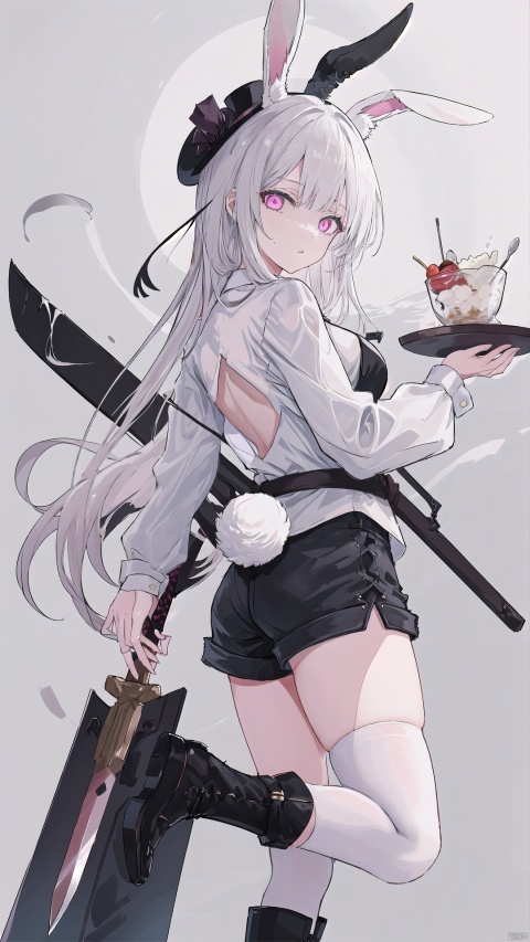 1girl, solo, long hair, looking at viewer, shirt, thighhighs, long sleeves, hat, animal ears, tail, white shirt, weapon, white hair, boots, food, shorts, sword, pink eyes, black footwear, rabbit ears, high heels, thigh boots, black shorts, rabbit tail, top hat, spoon, rabbit girl, backlight
