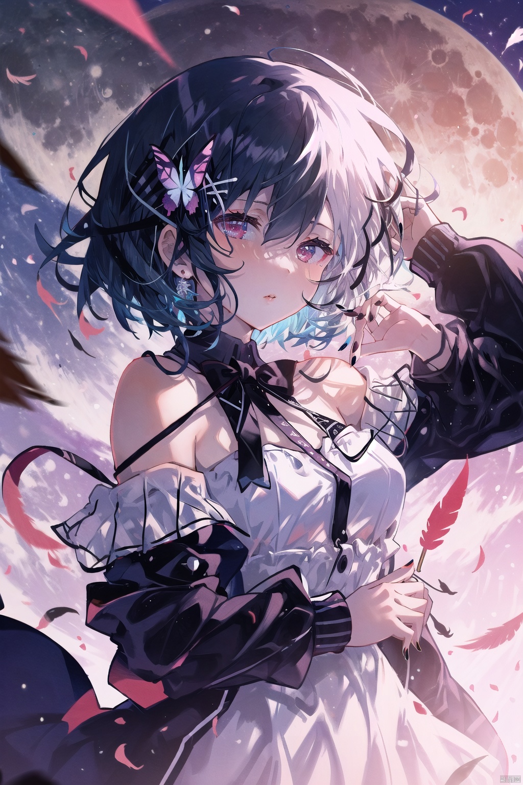 looking at viewer, short hair, bangs, blue eyes, multiple girls, black hair, red eyes, long sleeves, dress, ribbon, 2girls, bare shoulders, jewelry, closed mouth, upper body, white hair, parted lips, detached sleeves, sleeveless, pink eyes, nail polish, white dress, black dress, moon, bug, feathers, white bow, butterfly, black nails, upside-down, rotational symmetry