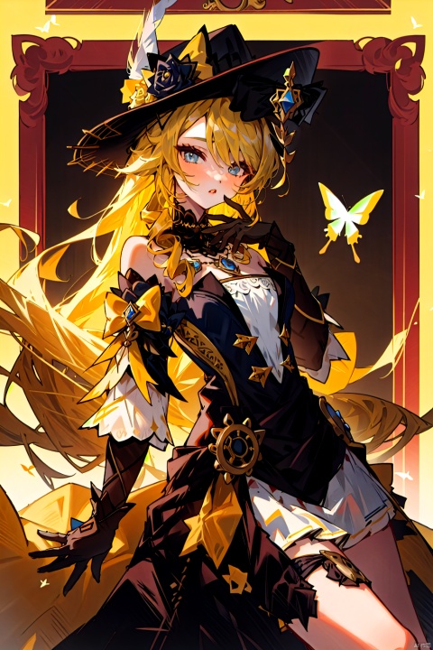  1girl, solo, long hair, looking at viewer, bangs, blue eyes, blonde hair, gloves, long sleeves, hat, dress, bow, holding, bare shoulders, jewelry, very long hair, flower, frills, parted lips, detached sleeves, black gloves, elbow gloves, hair over one eye, black dress, black headwear, rose, drill hair, bug, butterfly, single glove, yellow flower, hat flower, hat feather, picture frame, yellow butterfly, 1girl,blonde hair, girl