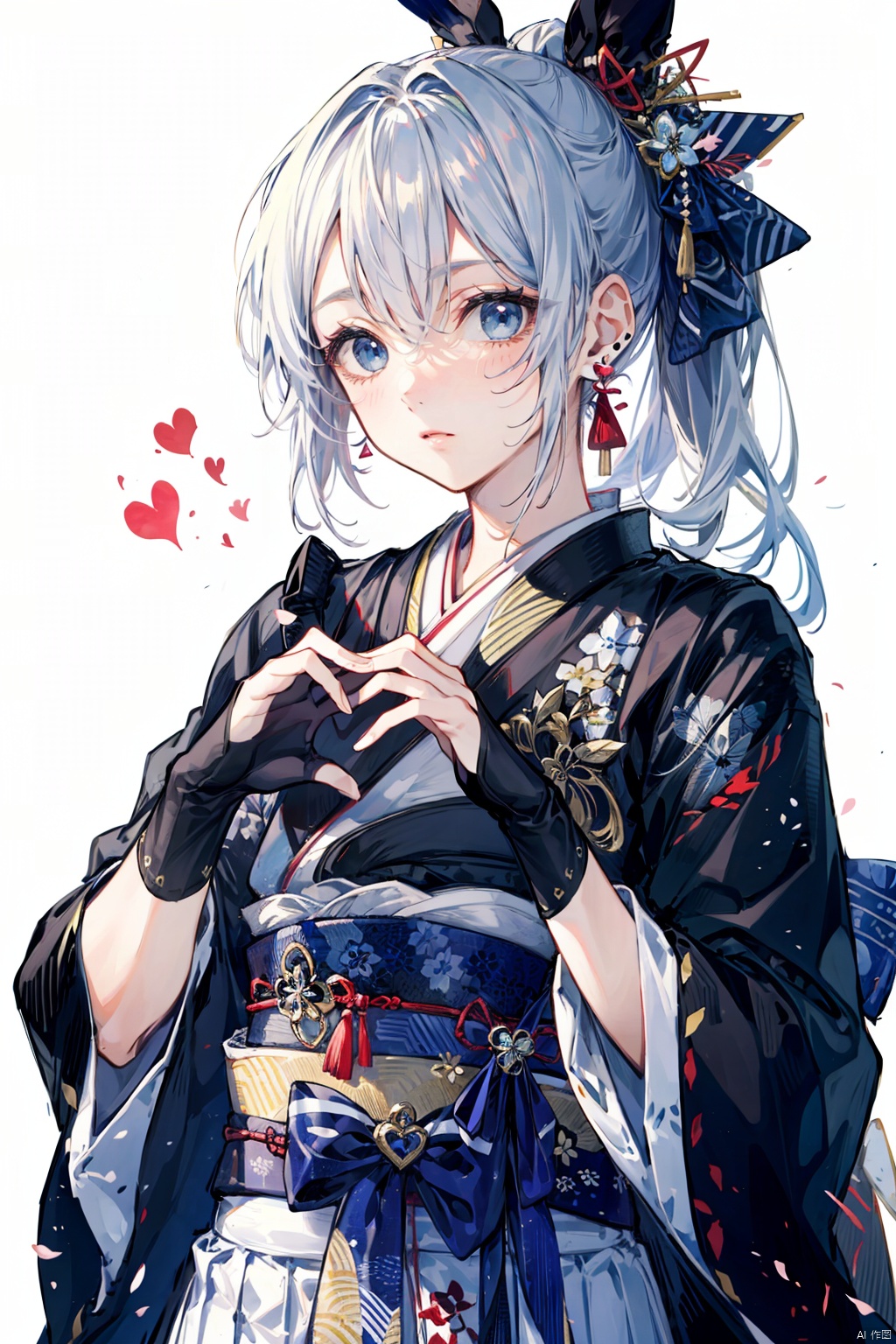 1girl, solo, long hair, looking at viewer, bangs, blue eyes, skirt, simple background, long sleeves, white background, ribbon, jewelry, closed mouth, ponytail, grey hair, heart, earrings, japanese clothes, open clothes, wide sleeves, kimono, hands up, black shirt, ?, hakama, bridal gauntlets, hakama skirt, heart hands, haori