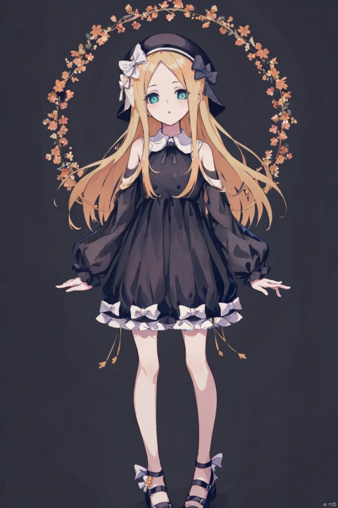  1girl, :o, abigail_williams_\(fate\), bangs, black_background, black_bow, black_dress, black_footwear, black_headwear, blonde_hair, bloomers, blue_eyes, bow, bug, butterfly, dress, forehead, full_body, hair_bow, hat, long_hair, long_sleeves, looking_at_viewer, mary_janes, multiple_hair_bows, orange_bow, parted_bangs, parted_lips, polka_dot, polka_dot_bow, shoes, sleeves_past_fingers, sleeves_past_wrists, small_breasts, solo, stuffed_animal, stuffed_toy, teddy_bear, transparent_background, underwear, very_long_hair, white_bloomers
, 30710