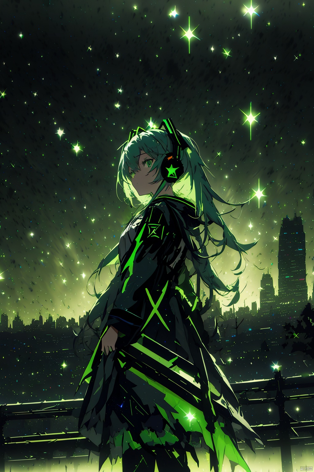 miku, green eyes, headphones, futuristic outfit, cityscape background, night scene, stars, long shot, neon light, (hdr:1.6), low contrast, (cyberpunk, cool:0.8), (dark colors, metallic colors, edgy tones:1.2), medium saturation, digital style