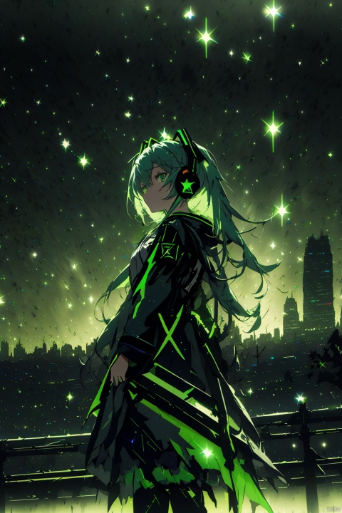 miku, green eyes, headphones, futuristic outfit, cityscape background, night scene, stars, long shot, neon light, (hdr:1.6), low contrast, (cyberpunk, cool:0.8), (dark colors, metallic colors, edgy tones:1.2), medium saturation, digital style