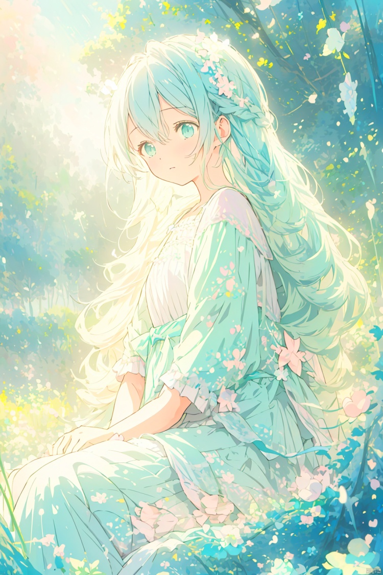 vocaloid, aqua hair, ribbon, casual dress, forest background, sunny day, flowers, medium shot, natural light, (hdr:1.0), high contrast, (fantasy, cute:0.7), (pastel colors, soft colors, gentle tones:1.3), low saturation, watercolor style
