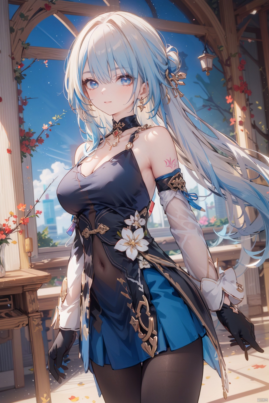  fine fabric emphasis, 1girl, looking at viewer, gloves, blue eyes, dress, breasts, chinese clothes, xiluwa, blonde hair, blue hair, multicolored hair, long hair, skirt, earrings, pantyhose, jewelry, asymmetrical sleeves, bare shoulders, black choker, bangs, Lightning tattoo, thigh_strap,