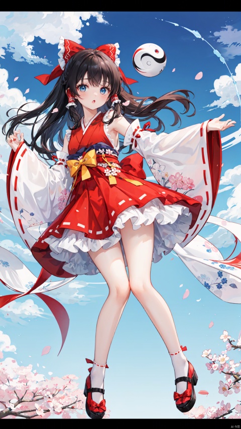 1girl, reimu_hakurei, solo, red_white, miko, shrine_maiden, gohei, yin_yang_orb, ribbon, bow, skirt, frills, detached_sleeves, long_hair, bangs, hair_ribbon, red_ribbon, red_bow, red_skirt, white_shirt, white_sleeves, red_shoes, socks, hakutaku_eye, armpits, smile, looking_at_viewer, simple_background, blue_sky, clouds, cherry_blossoms, falling_petals, spring, magic_circle, red_magic_circle, spell_card, fantasy_seal