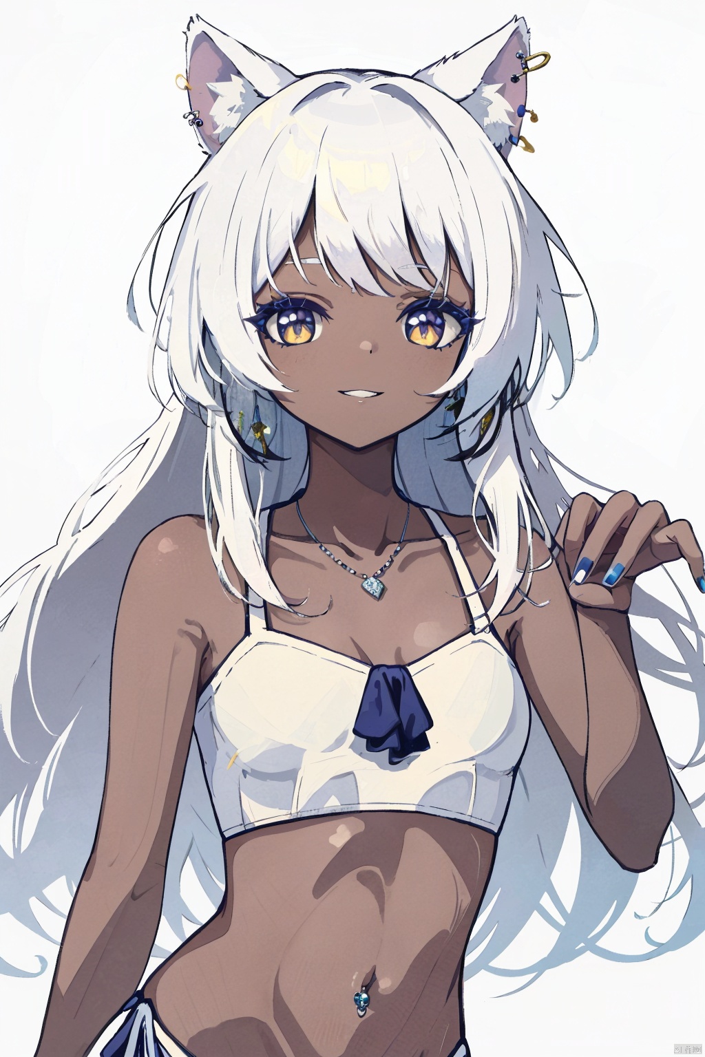 1girl, solo, long hair, breasts, looking at viewer, smile, bangs, navel, holding, animal ears, jewelry, collarbone, swimsuit, upper body, white hair, bikini, earrings, parted lips, dark skin, blunt bangs, necklace, nail polish, dark-skinned female, fingernails, blue background, white bikini, gem, blue nails, colored eyelashes, white eyes, navel piercing, white nails