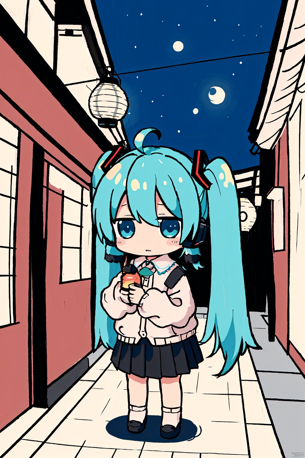 1girl, solo, long hair, skirt, shirt, hair ornament, holding, twintails, very long hair, blue hair, standing, full body, ahoge, pleated skirt, black skirt, chibi, star \(symbol\), aqua hair, night, glowing, lantern, | |, solid oval eyes, holding lantern, hatsune miku