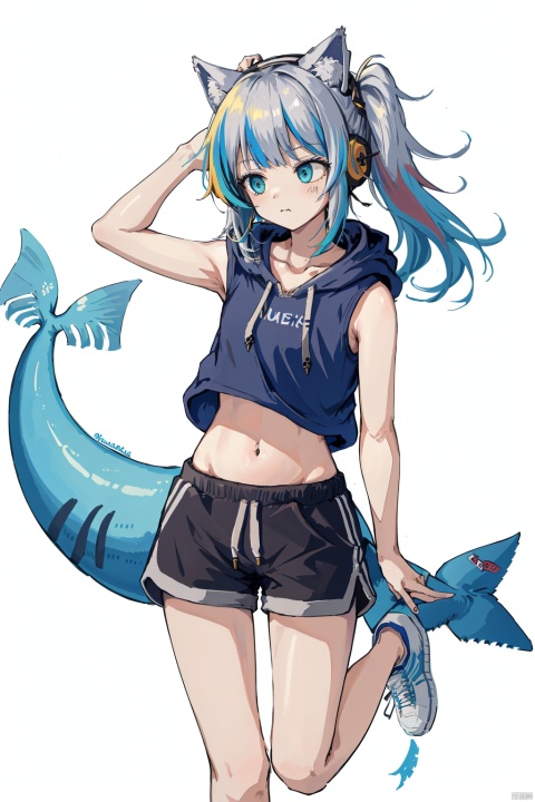 nai3, 1girl, animal ears, cat ears, gawr gura, virtual youtuber, tail, solo, streaked hair, blue eyes, navel, multicolored hair, hoodie, pout, looking away, shorts, bangs, white background, side ponytail, simple background, blue hoodie, fish tail, shark tail, grey hair, hair ornament, blue hair, blunt bangs, bare arms, midriff, stomach, closed mouth, cat tail, long hair, bare legs, sneakers, collarbone, headphones