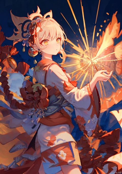 masterpiece, best quality, 1girl, yoimiya (genshin impact), red and white kimono, yellow eyes, holding a firework launcher, night sky, festive