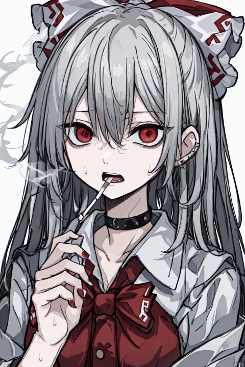  1girl, solo, long hair, looking at viewer, open mouth, bangs, simple background, shirt, red eyes, white background, bow, holding, hair between eyes, jewelry, white shirt, upper body, hair bow, grey hair, sweat, earrings, choker, nail polish, red bow, collar, black choker, suspenders, portrait, red nails, smoke, cigarette, smoking, holding cigarette, fujiwara no mokou