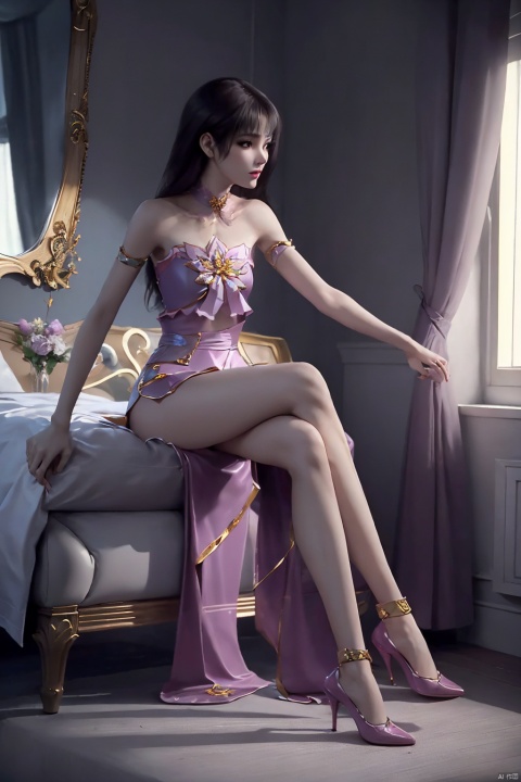 Dignified and elegant，Expose both legs，Skin is delicate and smooth，Smooth hair，Wearing red high heels，Wearing an underwear on the upper body，Sunny and bright, in the room，Skin is delicate and smooth，Legs are slender, delicate, and smooth，Aestheticism，delicate and smooth，Normal body shape of the character，Exquisite and beautiful facial features，