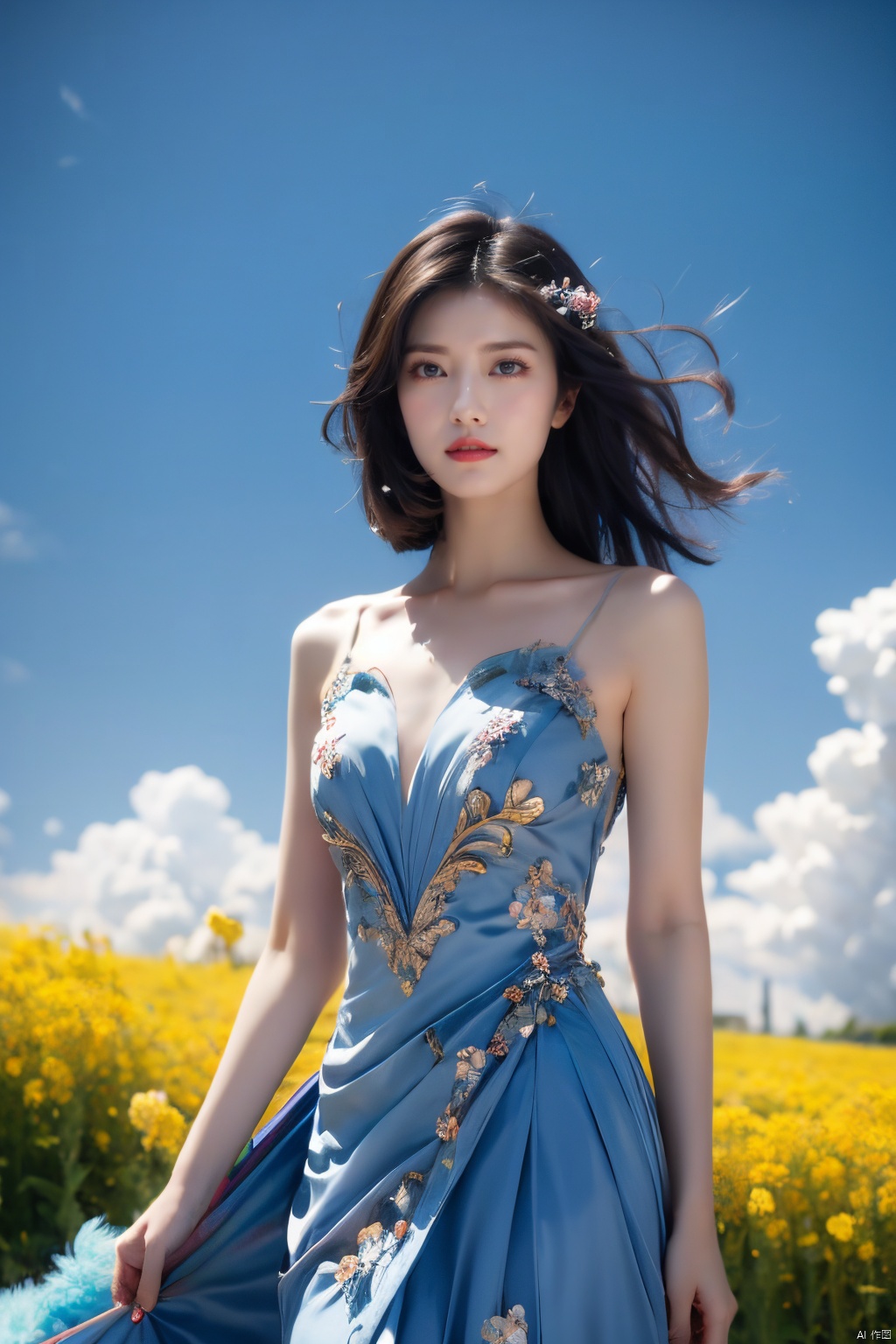  An elegant woman in a peacock-feather dress, short blonde hair, standing in a field of flowering rape flowers against a backdrop of blue skies and white clouds, her hair and the corners of her dress fluttering slightly in the breeze, in high-definition, famous artist, Master Light&#039;s art painting, 1girl