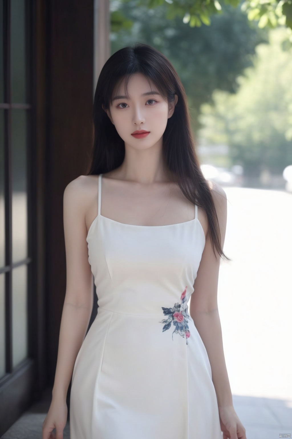  (global illumination, reality,ray tracing, HDR, unreal rendering, reasonable design, high detail, masterpiece,best quality, ultra high definition, movie lighting), 1girl,outdoor,looking_at_viewer,side_blunt_bangs,china_dress,chinese_style,big breasts,pose,solo,1girl,black hair,black eyes, qipao, qipao