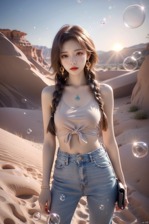  (bubble:1.5),1girl, cowboy shot, dusty desert landscape, ultra short jeans, suspender pantyhose, spurred cowboy boots, short white tank top, chambray shirt tied around waist, bandana as scarf, messy sun kissed hair Messy braids, aviator sunglasses, red lipstick, turquoise and silver jewelry set (bracelet, necklace, earrings), worn leather holster with revolver, confident smile, squinting at the horizon, exposed navel, background A desert plant, the setting sun casts a warm golden light, (\meng ze\)