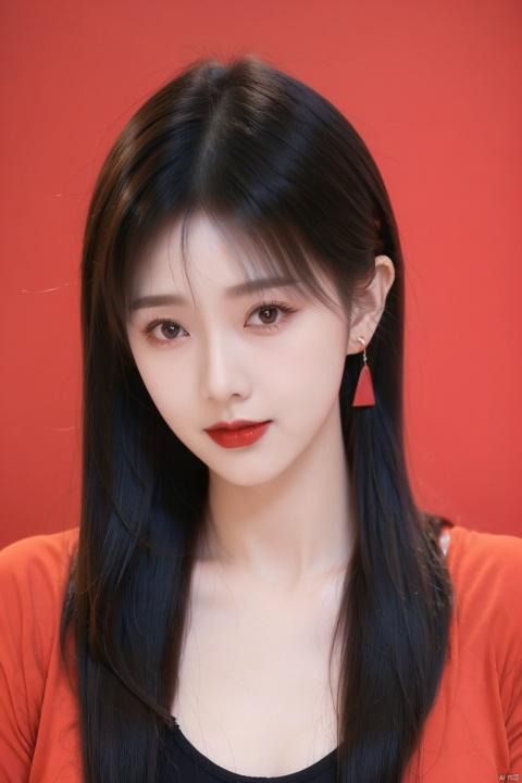  1girl black eyes black hair black shirt blurry earrings jewelry lips looking at viewer parted lips red background red lips red sky shirt short hair simple background smile solo upper body 

