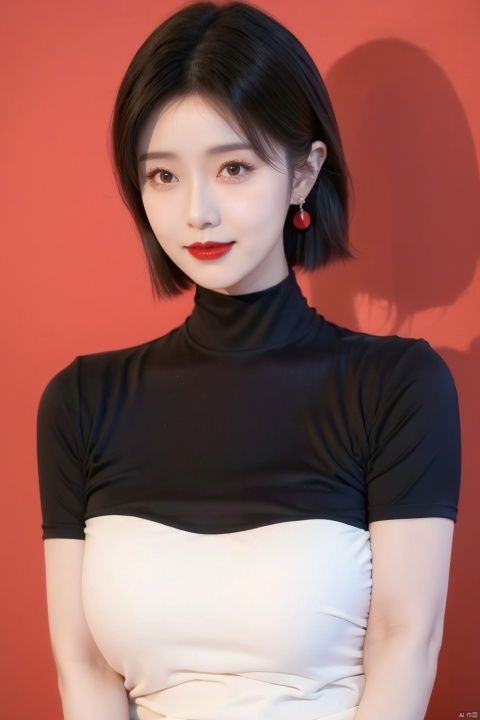  1girl  black eyes  black hair  black shirt  blurry  earrings  jewelry  lips  looking at viewer  parted lips  red background  red lips  red sky  shirt  short hair  simple background  smile  solo  upper body 

