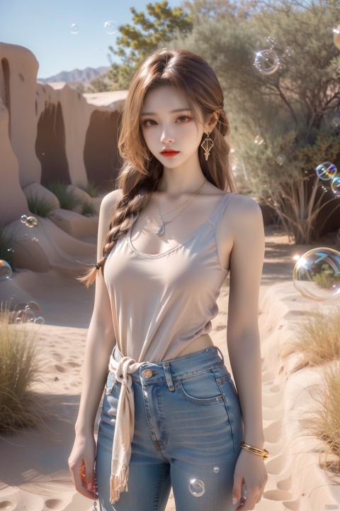  (bubble:1.5),1girl, cowboy shot, dusty desert landscape, ultra short jeans, suspender pantyhose, spurred cowboy boots, short white tank top, chambray shirt tied around waist, bandana as scarf, messy sun kissed hair Messy braids, aviator sunglasses, red lipstick, turquoise and silver jewelry set (bracelet, necklace, earrings), worn leather holster with revolver, confident smile, squinting at the horizon, exposed navel, background A desert plant, the setting sun casts a warm golden light, (\meng ze\)
