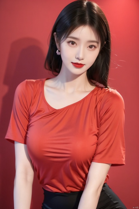  1girl  black eyes  black hair  black shirt  blurry  earrings  jewelry  lips  looking at viewer  parted lips  red background  red lips  red sky  shirt  short hair  simple background  smile  solo  upper body 

